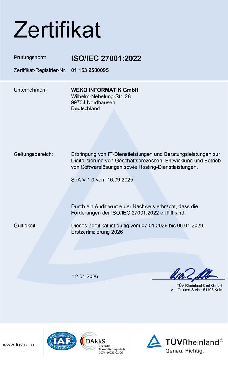 ISO/IEC 27001:2022-Zertifikat von WEKO Informatik GmbH, ausgestellt durch TÜV Rheinland